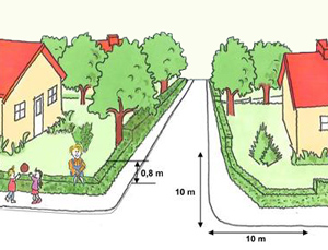 illustration: Om din tomt ligger intill en gång- och cykelväg eller gata ska du se till att dina växter inte är högre än 80 cm i en sikttriangel som sträcker sig minst 10 meter åt vardera håll. Höjden på häcken mäts från vägbanan.